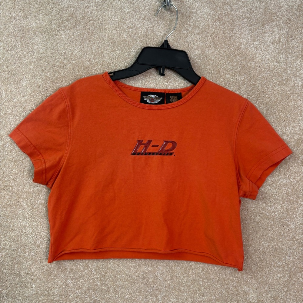 HARLEY DAVIDSON Crop Top Women's Small Orange Graphic Short Sleeve Biker Moto